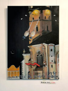 Acrylic painting Black tits and scared church